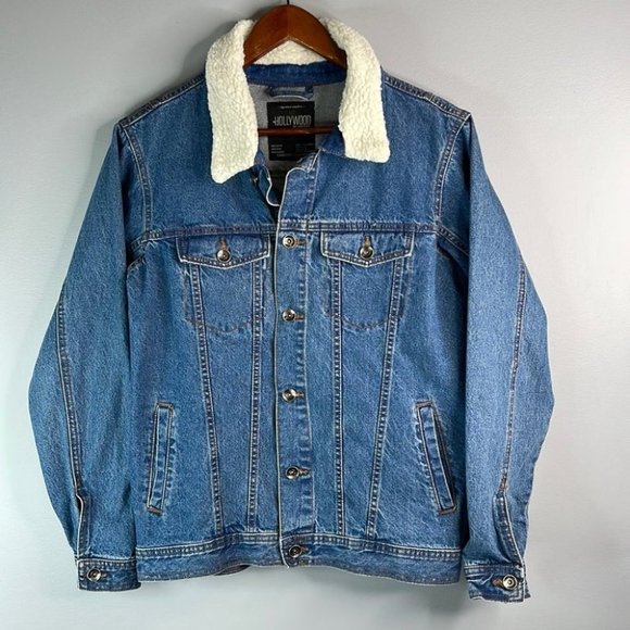 Hollywood Mens Sherpa Collar Jean Jacket Blue Mid Denim Wash trucker chore S - Picture 8 of 8